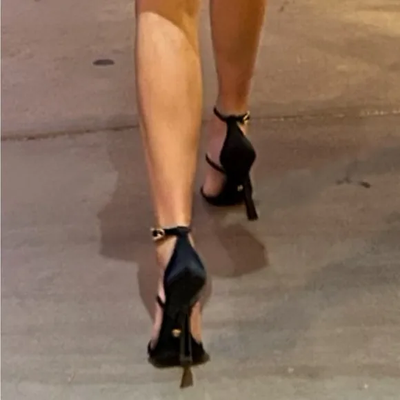 Versace Black Strappy Heels with Gold Accent