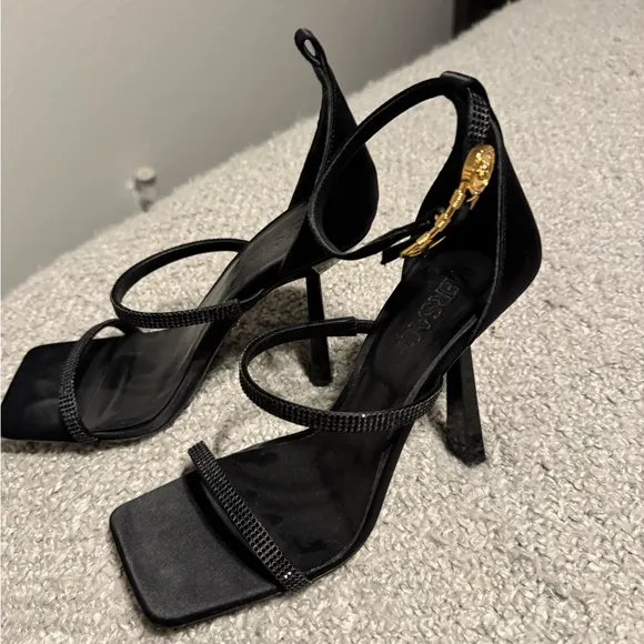 Versace Black Strappy Heels with Gold Accent