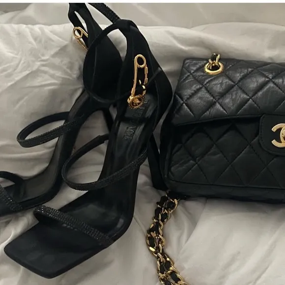 Versace Black Strappy Heels with Gold Accent