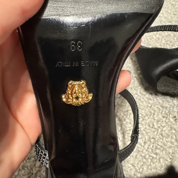 Versace Black Strappy Heels with Gold Accent