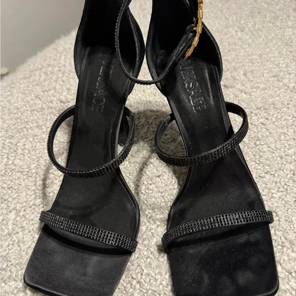 Versace Black Strappy Heels with Gold Accent