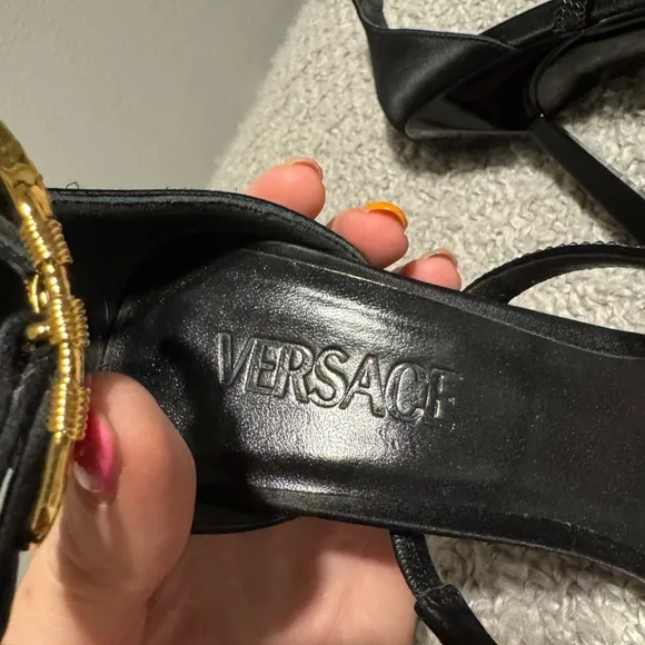 Versace Black Strappy Heels with Gold Accent