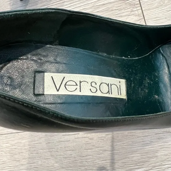 VERSANI Heels Pumps Leather &amp; Suede Forrest Green Origami Bow 6B Vintage​