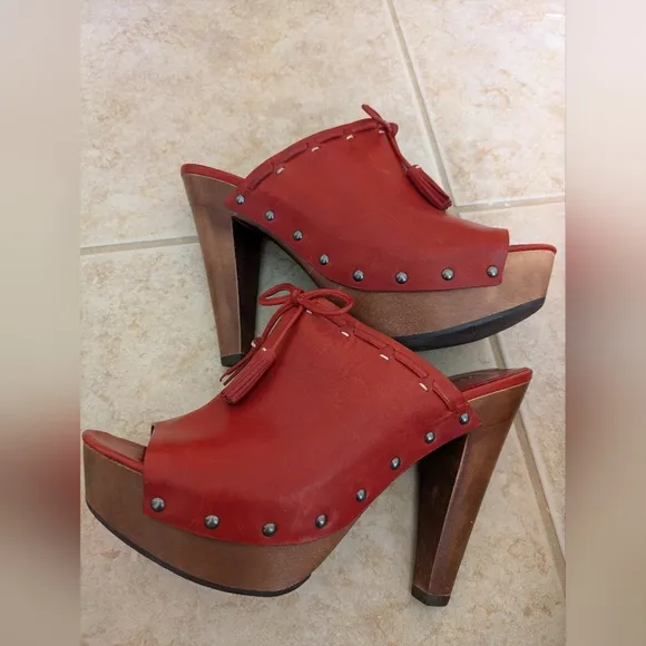 Via Spiga Red Leather Studded Platform Mules 9.5