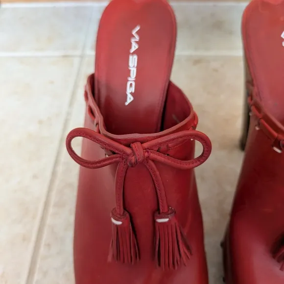 Via Spiga Red Leather Studded Platform Mules 9.5