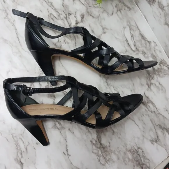 VIA SPIGA Strappy Heels Shoes Buckle Women's Black Leather Size 10 Italy