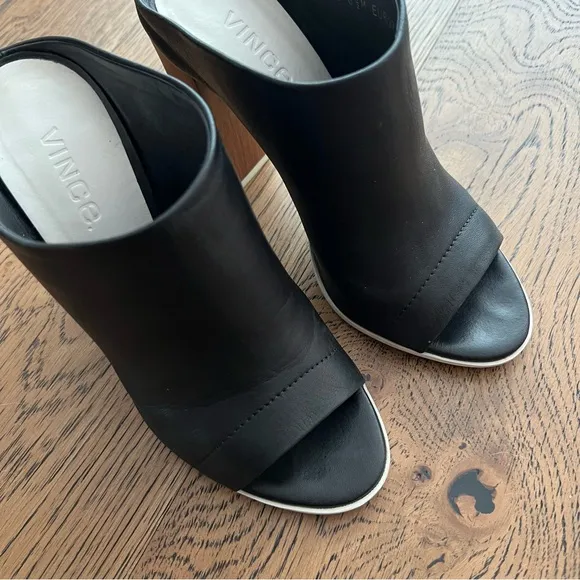 VINCE Allison Black leather open toe Slide on High heel Mules size 6.5