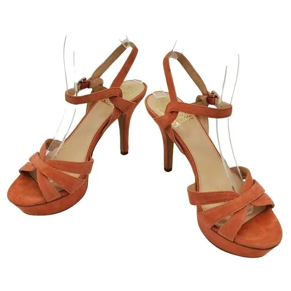 𝅺vince Camuto Coral Leather Open Toe Strappy Stiletto Heels Size 6.5