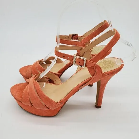 𝅺vince Camuto Coral Leather Open Toe Strappy Stiletto Heels Size 6.5