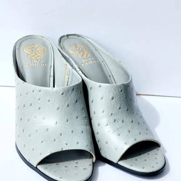 Vince Camuto Gray Speckled Leather Ostrich Women's Open-Toe Mules Size 10