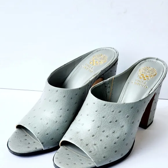 Vince Camuto Gray Speckled Leather Ostrich Women's Open-Toe Mules Size 10