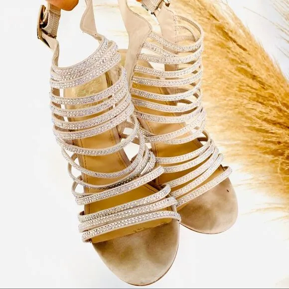 VINCE CAMUTO Nude Cream Suede Sequin Sparkly Strappy Stiletto Sandal Heels 8.5