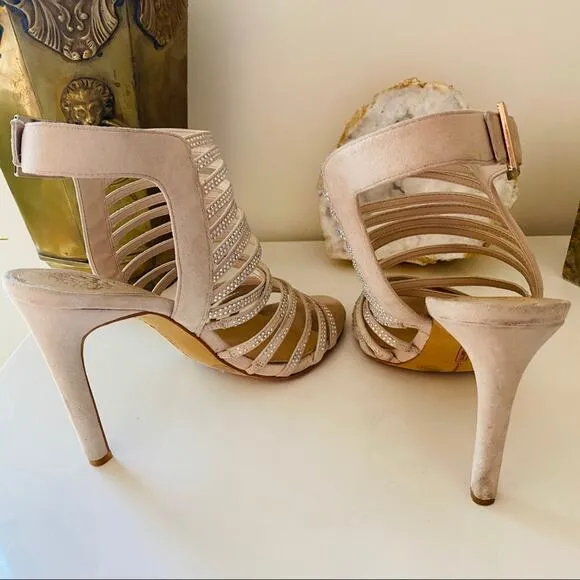 VINCE CAMUTO Nude Cream Suede Sequin Sparkly Strappy Stiletto Sandal Heels 8.5