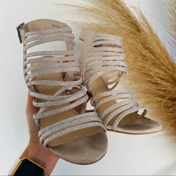 VINCE CAMUTO Nude Cream Suede Sequin Sparkly Strappy Stiletto Sandal Heels 8.5
