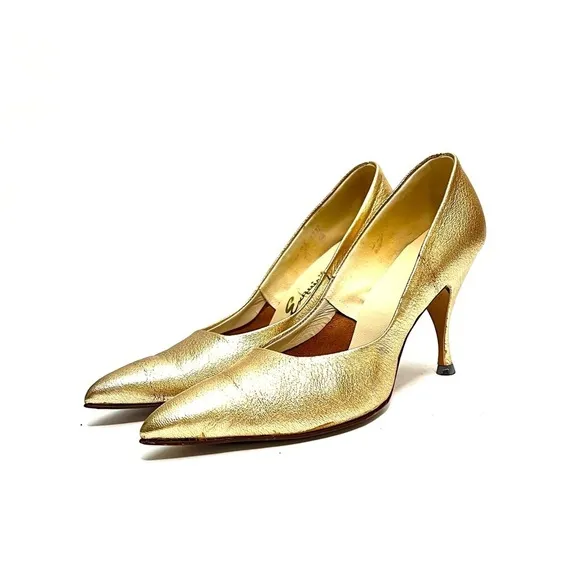 Vintage 1950s metallic gold pebble leather pointed toe stiletto rockabilly heels