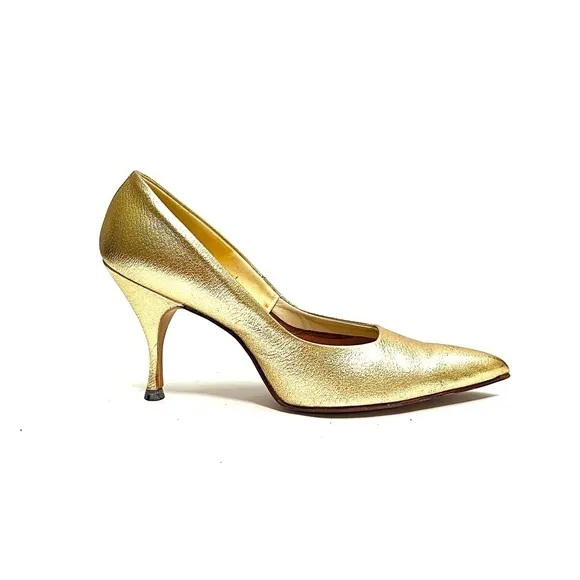 Vintage 1950s metallic gold pebble leather pointed toe stiletto rockabilly heels