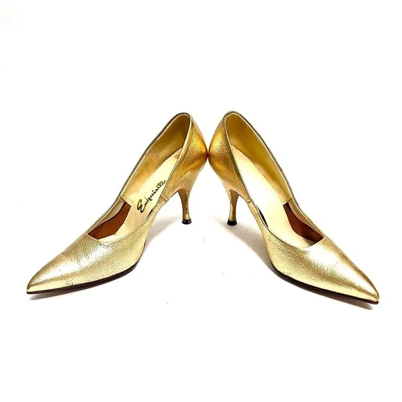 Vintage 1950s metallic gold pebble leather pointed toe stiletto rockabilly heels