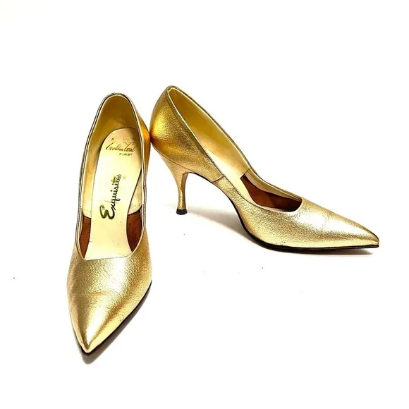 Vintage 1950s metallic gold pebble leather pointed toe stiletto rockabilly heels