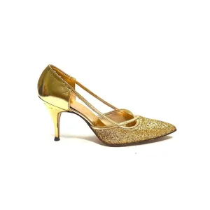 Vintage 1960s gold vegan leather glitter pointed toe cutout party heels