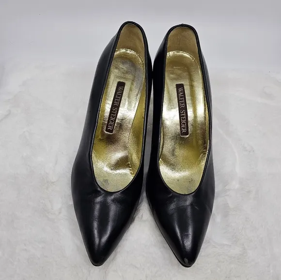 Vintage 1980's Walter Steiger metal back cap pointed closed toe black heels 8.5