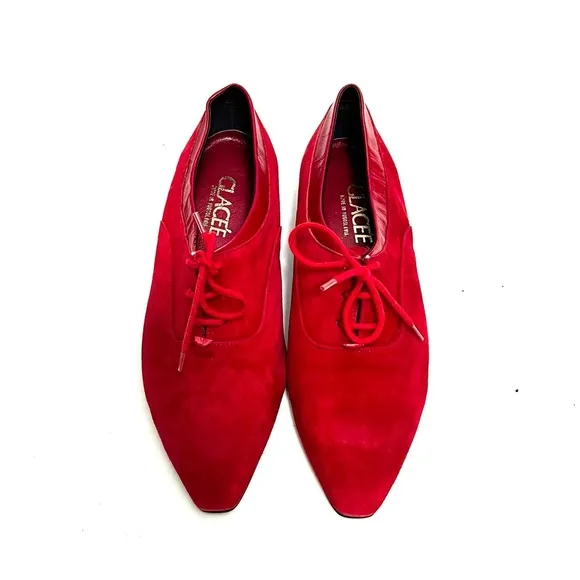 Vintage 1980s women’s lipstick red suede lace up pointed toe oxfords