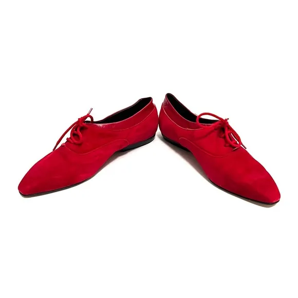 Vintage 1980s women’s lipstick red suede lace up pointed toe oxfords