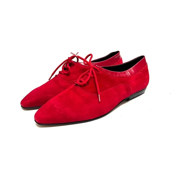 Vintage 1980s women’s lipstick red suede lace up pointed toe oxfords