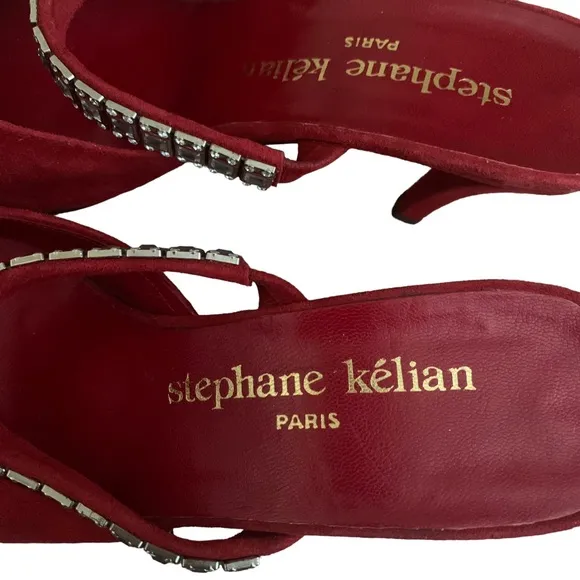 Vintage 90s Stephane Kelian Red Suede Mules Rhinestone Straps sz 8