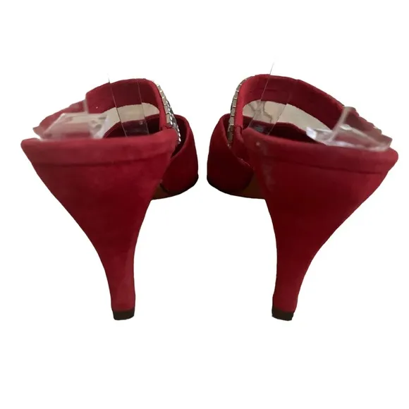 Vintage 90s Stephane Kelian Red Suede Mules Rhinestone Straps sz 8