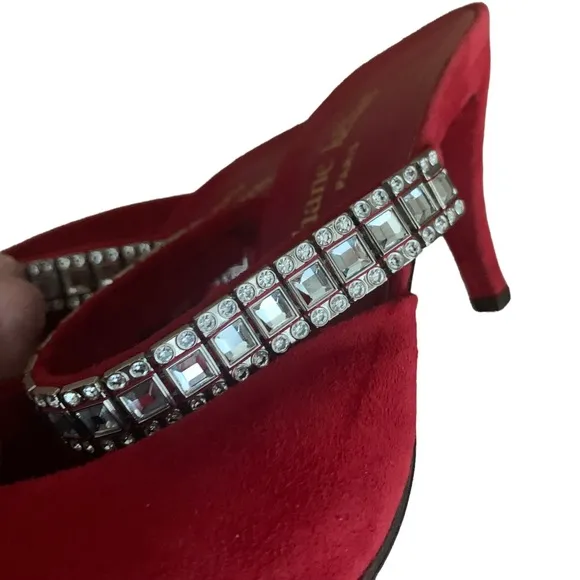 Vintage 90s Stephane Kelian Red Suede Mules Rhinestone Straps sz 8