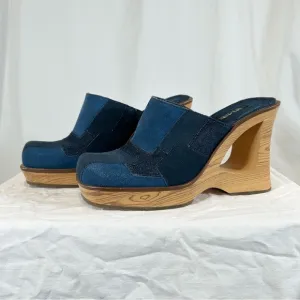 Vintage 90s Y2K Splash Fashion Footwork Denim Suede Patchwork Platform Mules