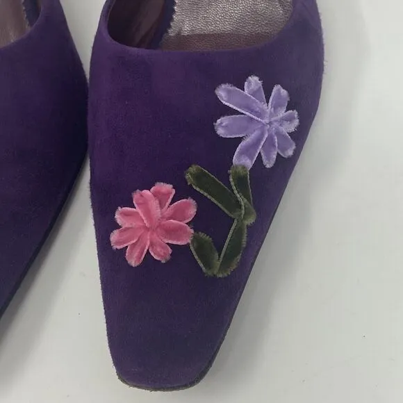 Vintage Bruno Magli Pointed Square Toe Mule Kitten Heels Size 38 Purple Suede