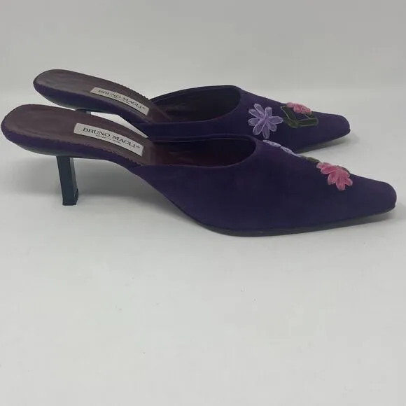 Vintage Bruno Magli Pointed Square Toe Mule Kitten Heels Size 38 Purple Suede