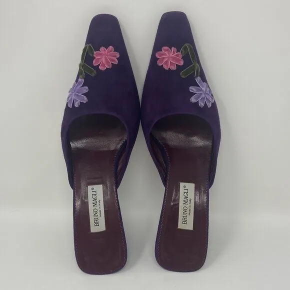 Vintage Bruno Magli Pointed Square Toe Mule Kitten Heels Size 38 Purple Suede