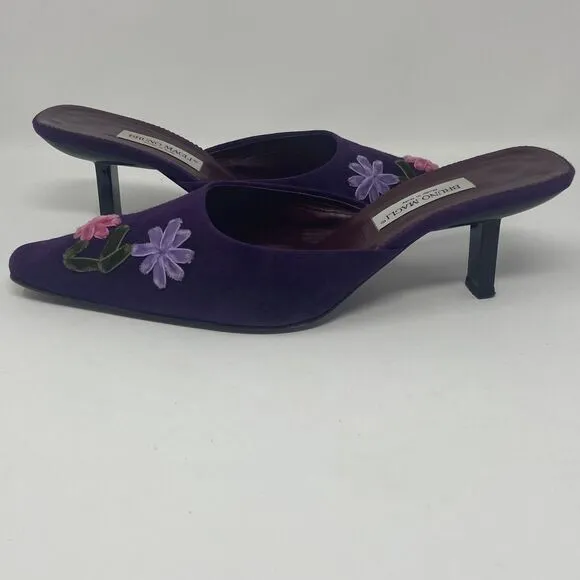 Vintage Bruno Magli Pointed Square Toe Mule Kitten Heels Size 38 Purple Suede
