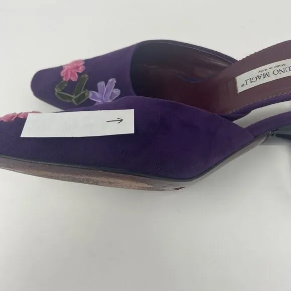 Vintage Bruno Magli Pointed Square Toe Mule Kitten Heels Size 38 Purple Suede