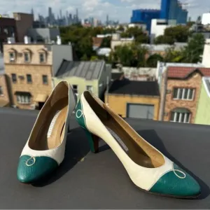 Vintage Perry Ellis Green and White Leather Heels Size 7 western cowgirl retro