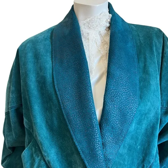 Vintage Teal Blue Green  Genuine Leather Suede Jacket Size Medium