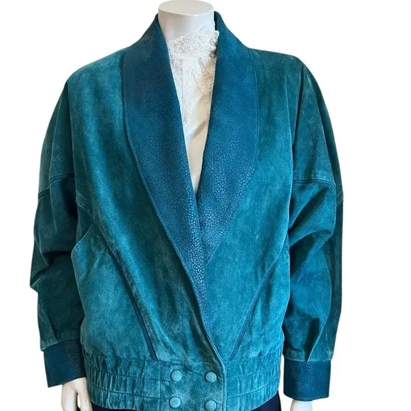 Vintage Teal Blue Green  Genuine Leather Suede Jacket Size Medium