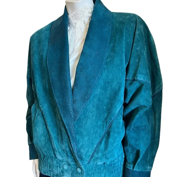 Vintage Teal Blue Green  Genuine Leather Suede Jacket Size Medium
