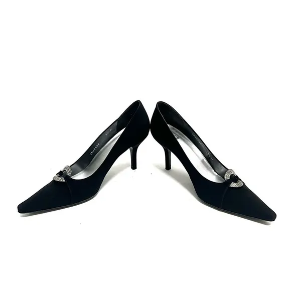 Vintage Y2K black nylon fabric extreme pointy toe rhinestone heels