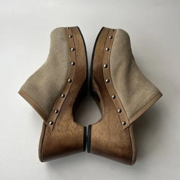 Vintage Y2K Candie’s Suede Leather Wood Clogs Mule Beige Platform Hippie Boho 6