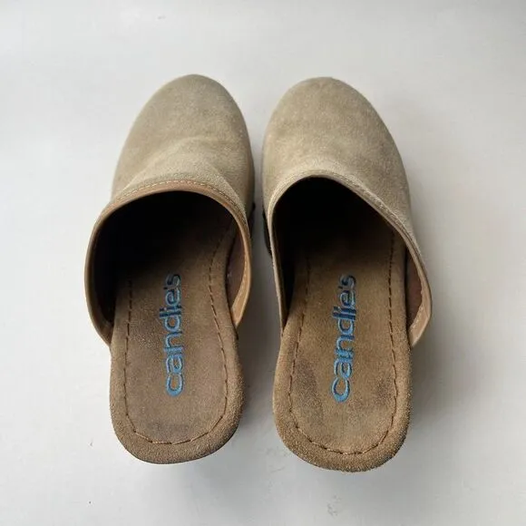 Vintage Y2K Candie’s Suede Leather Wood Clogs Mule Beige Platform Hippie Boho 6