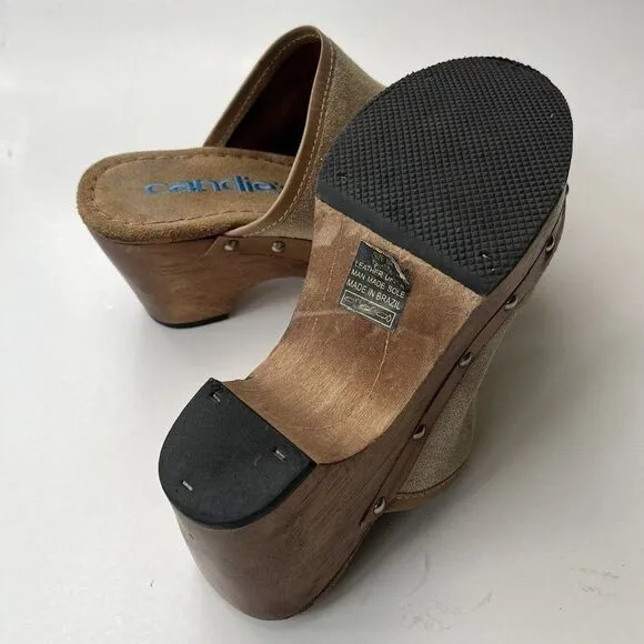 Vintage Y2K Candie’s Suede Leather Wood Clogs Mule Beige Platform Hippie Boho 6