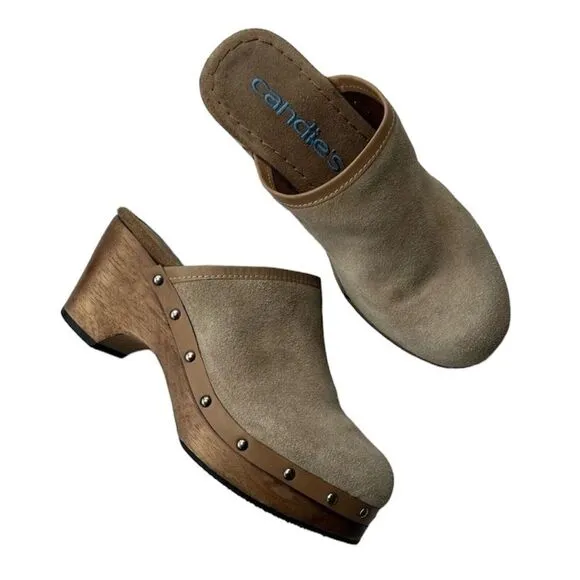 Vintage Y2K Candie’s Suede Leather Wood Clogs Mule Beige Platform Hippie Boho 6