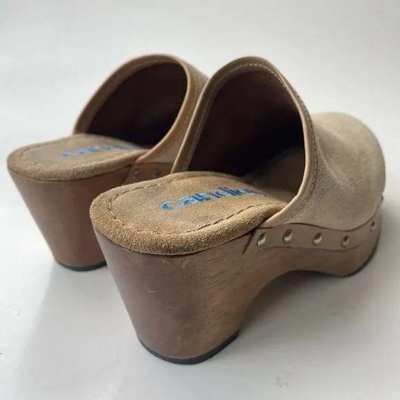 Vintage Y2K Candie’s Suede Leather Wood Clogs Mule Beige Platform Hippie Boho 6