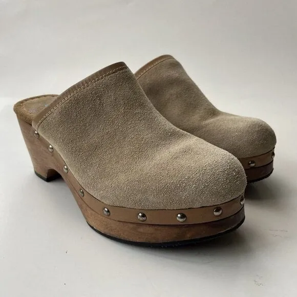 Vintage Y2K Candie’s Suede Leather Wood Clogs Mule Beige Platform Hippie Boho 6