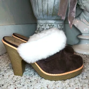 Vintage Y2K Jessica Simpson Brown Suede &amp; Real Shearling Boho High Heeled Clogs