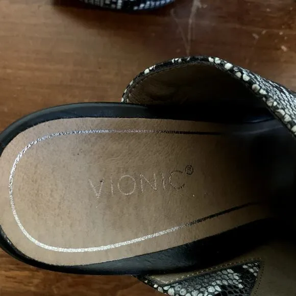Vionic Kaia Leather Snakeskin Open Toe Mules Ankle Strap Size 8.5 NWOT