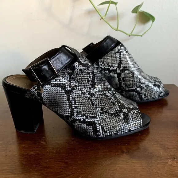 Vionic Kaia Leather Snakeskin Open Toe Mules Ankle Strap Size 8.5 NWOT